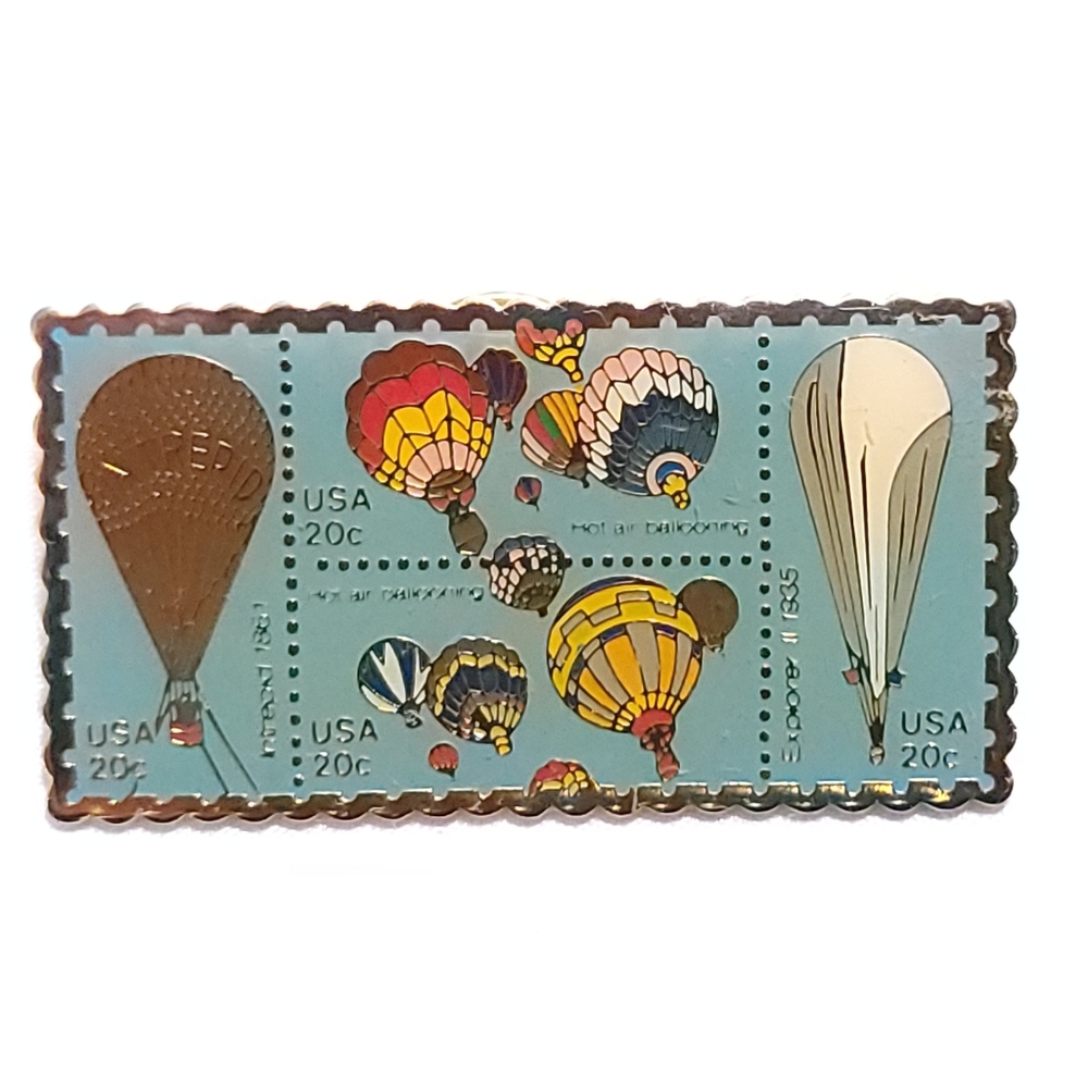Vintage Enamel Hot Air Balloon Tac Pin Blue, Flat Rectangle Stamp SIGNED
